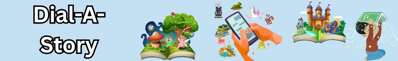 Dial-A-Story. A cell phone is surrounded by books with magical stories coming out of them.