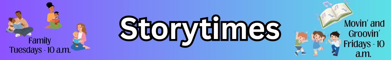 Parents and kids are sitting and reading and kids are dancing around a musical book on a blue background